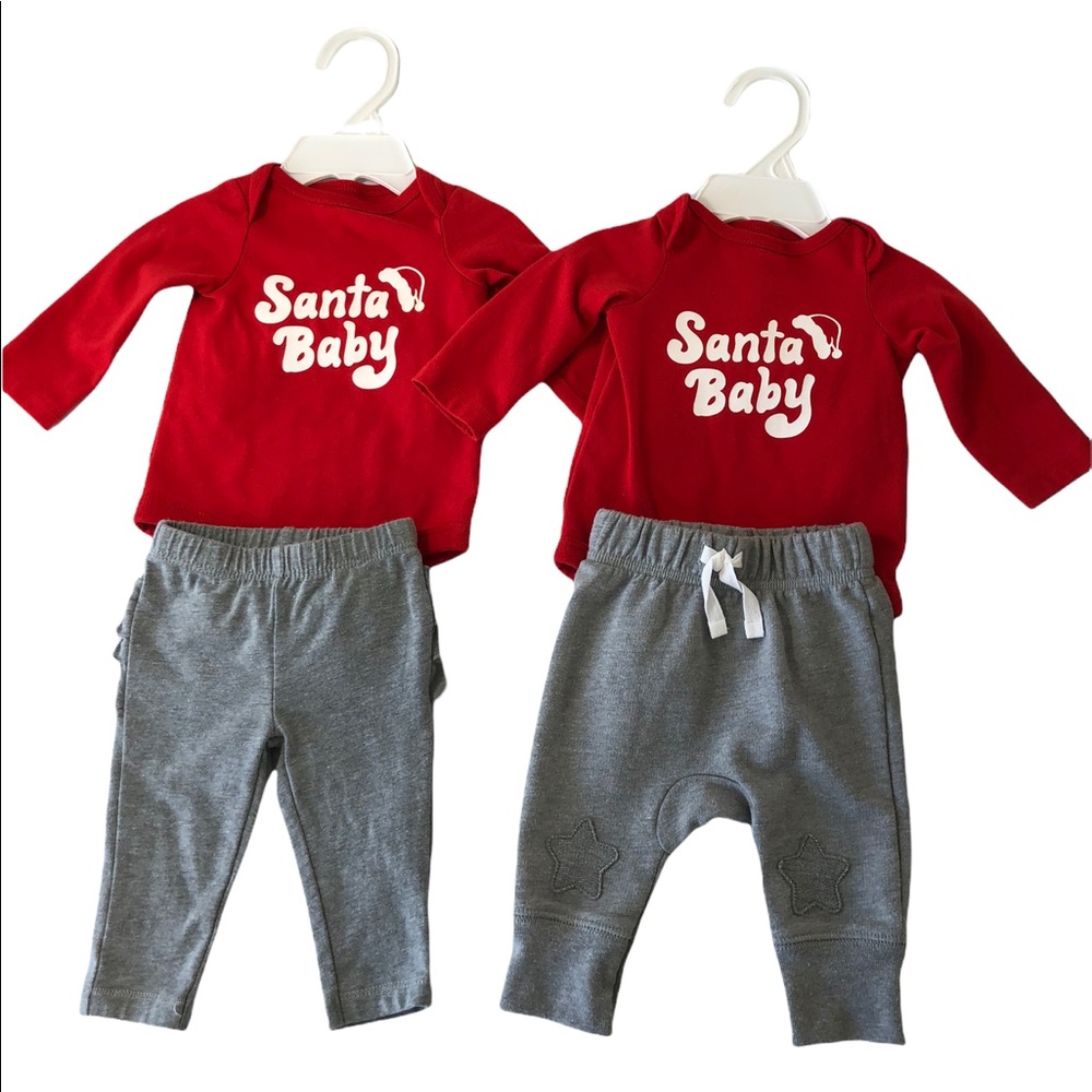 Twins Red Christmas Holiday Outfits Santa Baby Girl & Girl or Boy-Girl NB Twins - Picture 2 of 6